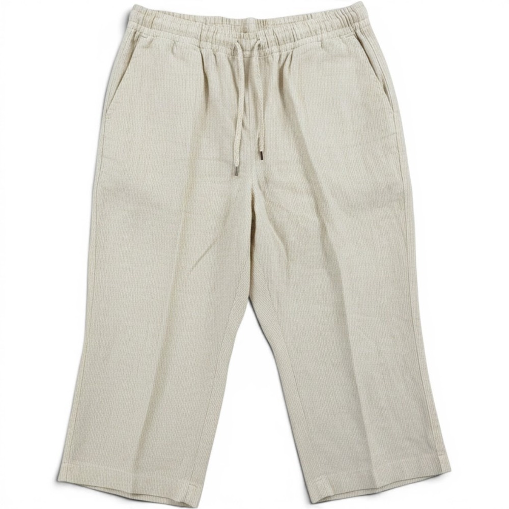 Sundance Linen Crop Pants Womens L Beige Striped Drawstring Waist Relaxed Capri